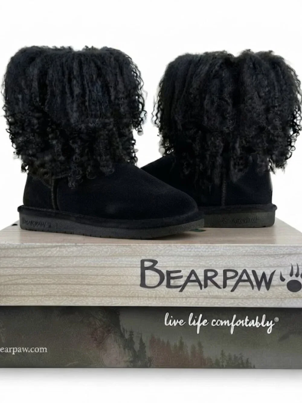 Bearpaw Boo Black Shearling Wool Lined Curly Lamb Fur Sherpa Boho Boots Sz 6 NEW